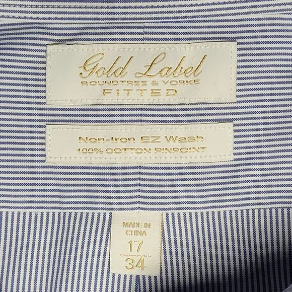 Roundtree & Yorke Mens Blue and White Striped Button Up Shirt Size 17 / 34 - Picture 5 of 11